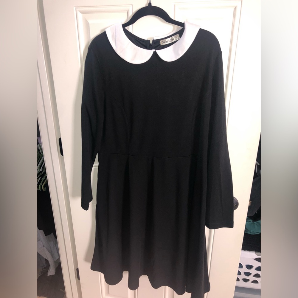 Black Dress White Collar Wednesday Addams Dress zip up with pockets